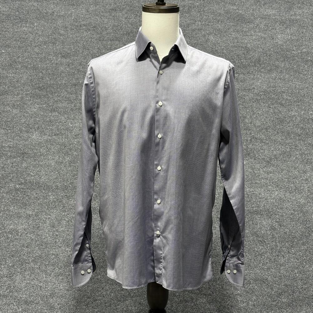 Saks Fifth Avenue Shirt Mens 16.5 Blue Wrinkle Free Cotton Dress Button Front